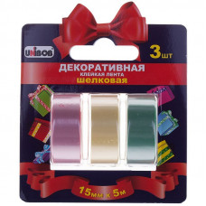 Клейкая лента декоративная 15мм*5м, Unibob, 3шт., разноцветная, шелковая